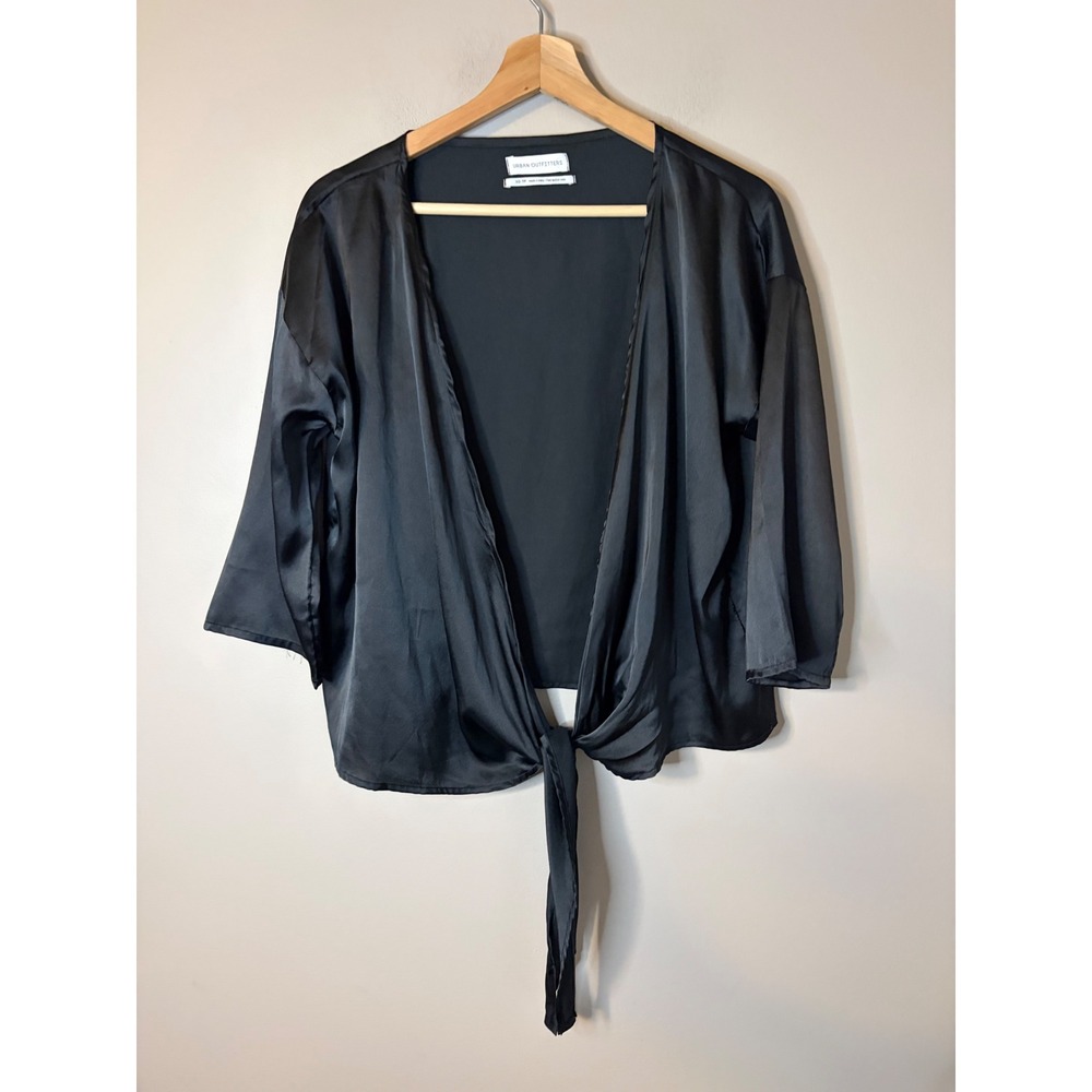 Urban Outfitters Tie Front Top Women XS Black Satin Kimono Wrap